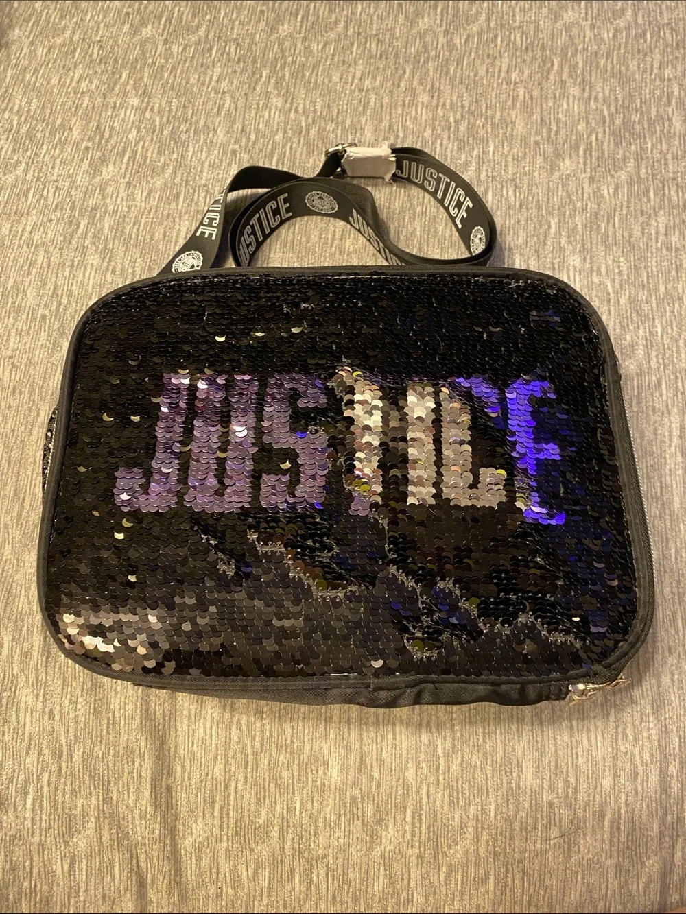 Justice Flip Sequin Lunchbox Tote w/ Crossbody Strap Black Silver & Purple NWOT